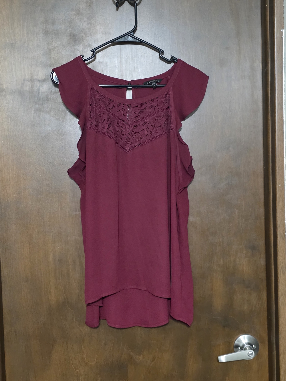 Express Burgundy Lace Yoke Cold-Shoulder Blouse
